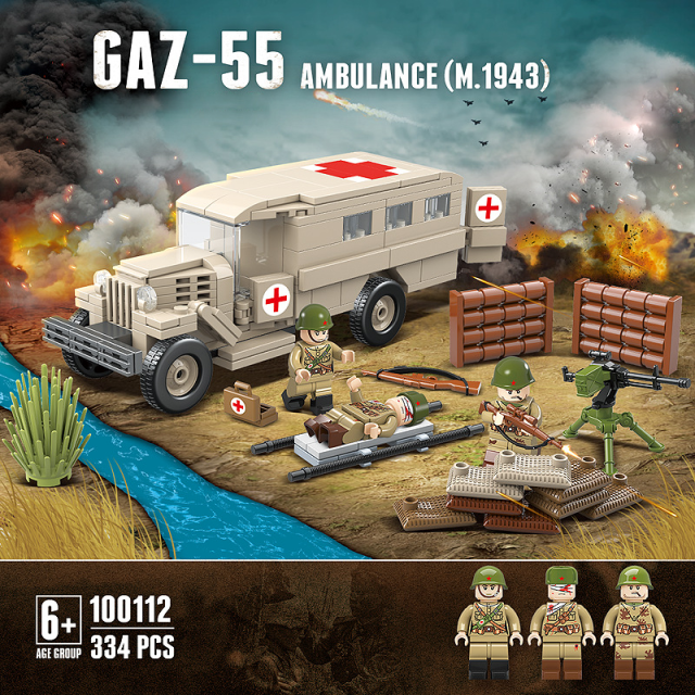 WW2 Military Ambulance Building Blocks City Vehical German Soviet Gaz-55 Model Soldier Army Weapons Collectible DIY Toy For Boys