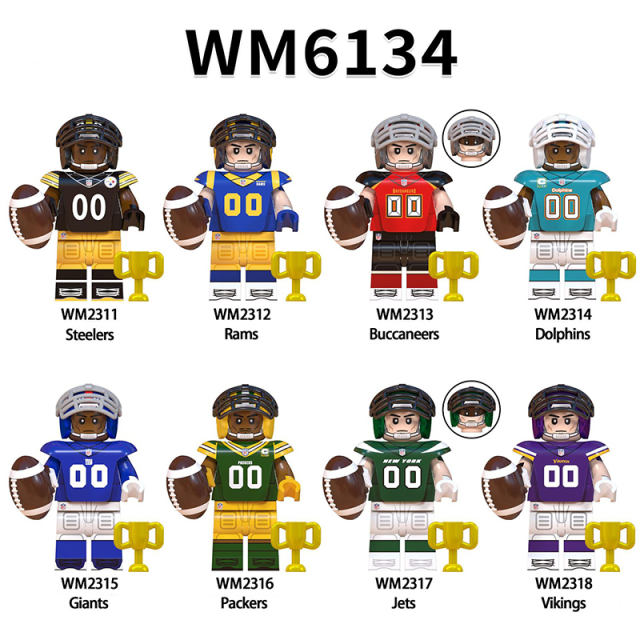 WM6134 Rugby Series Minifigures Building Blocks Pittsburgh Steelers Los Angeles Rams  Miami Dolphins Headguard Toys Gifts Kids