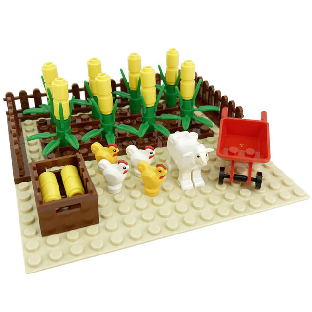 City MOC Farm Series Minifigures Building Blocks Radish Piglet Chicken Coop Kennel Cowshed Corn Field Zoo Animals Figures Toys