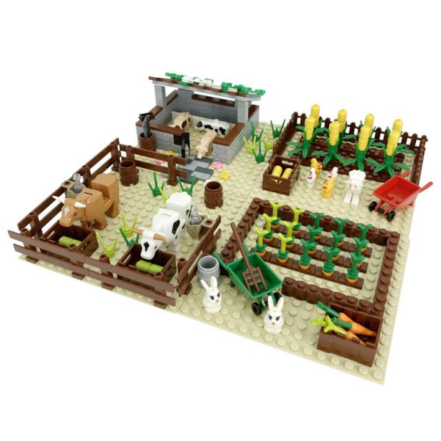 City MOC Farm Series Minifigures Building Blocks Radish Piglet Chicken Coop Kennel Cowshed Corn Field Zoo Animals Figures Toys