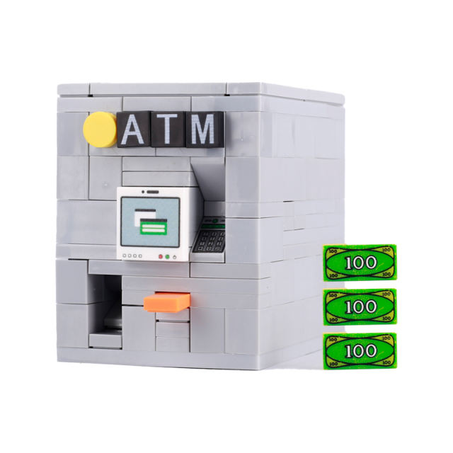 City Scen ATM Cash Coin Operated Beverage Machine Building Blocks Fanta Soda Street View Assemble Accessories Model MOC Kids Toy