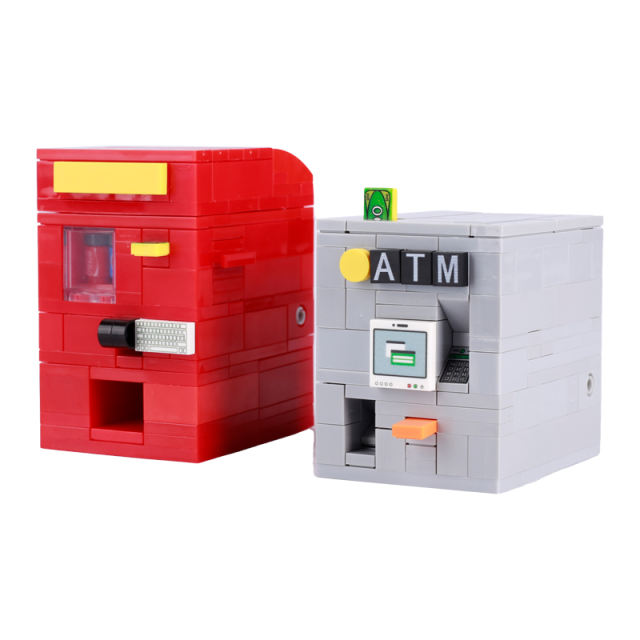 City Scen ATM Cash Coin Operated Beverage Machine Building Blocks Fanta Soda Street View Assemble Accessories Model MOC Kids Toy