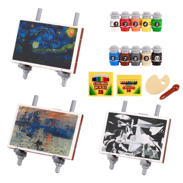 City MOC Oil Painting Series Sticker Building Blocks Print Easel Color Palette Pigment Brush Van Gogh The Starry Night Toys Gift