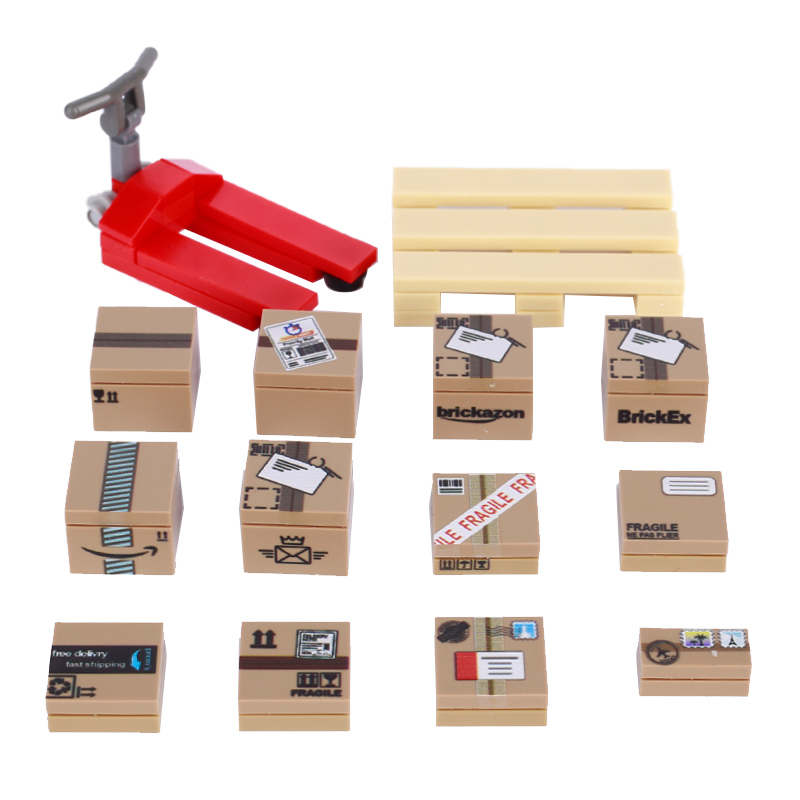 MOC City Express Delivery Printed Cart Building Blocks Package Box Red Car Shipping Bricks Waybill Transport Toys Gifts Children