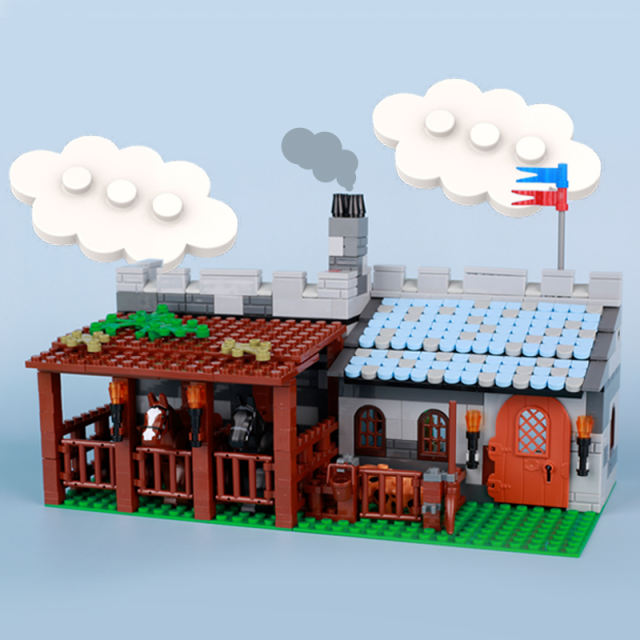 MOC City Medival Series Small Cottage Building Blocks Horse Stable Farm Pig Fish Chicken Animal Flag Accessories Toys Gifts Girl