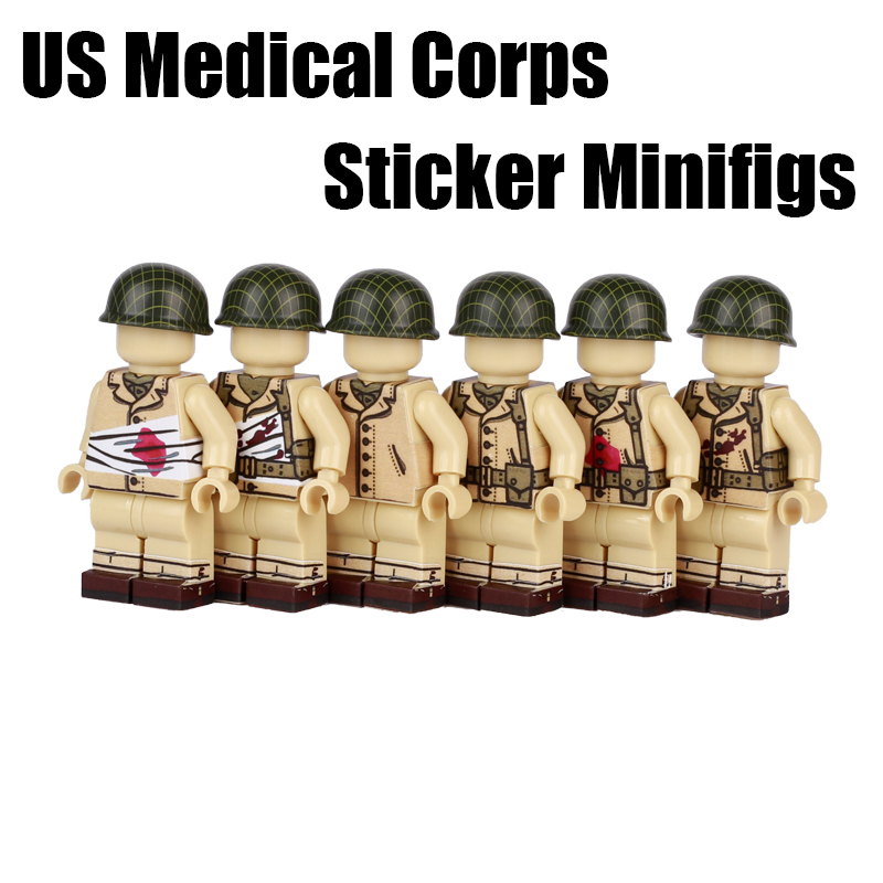 WW2 US Medical Corps Sticker Military Seires Minifigs Building Blocks Helmet Army Soldiers Gun Accessories Parts Toys Gifts Boys
