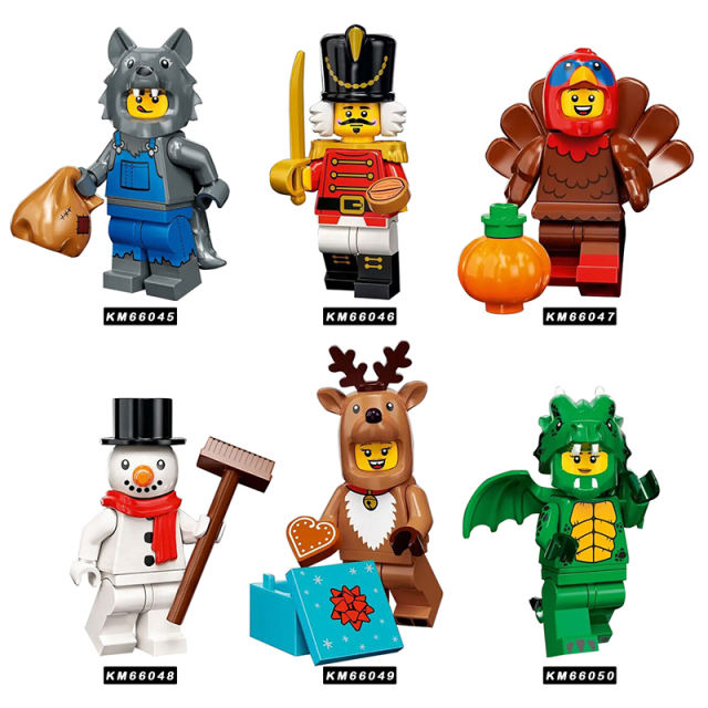 KM66045-66050 Wolf Nutcracker Snowman Reindeer Green Dragon Turkey Costume Minifigs Buildiing Blocks Pumpkin Sword Toys Gift Kid