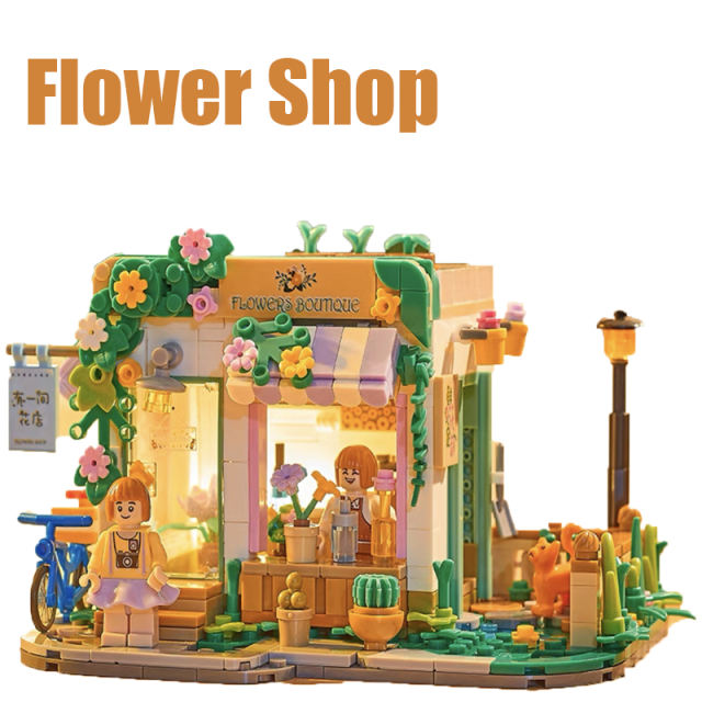City Series Store Minifigs Building Blocks Flower Bakery Dessert Cafe Shop Painting Studio Street View Decoration Toys Girl Gift