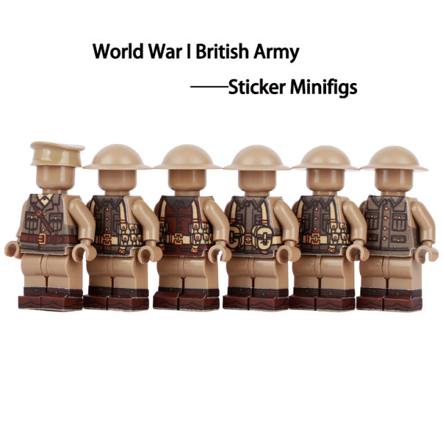 WW1 British Army Sticker Minifigs Military Seires Weapon Helmet Army Soldiers Gun Building Blocks Accessories Parts Toy Gift Kids