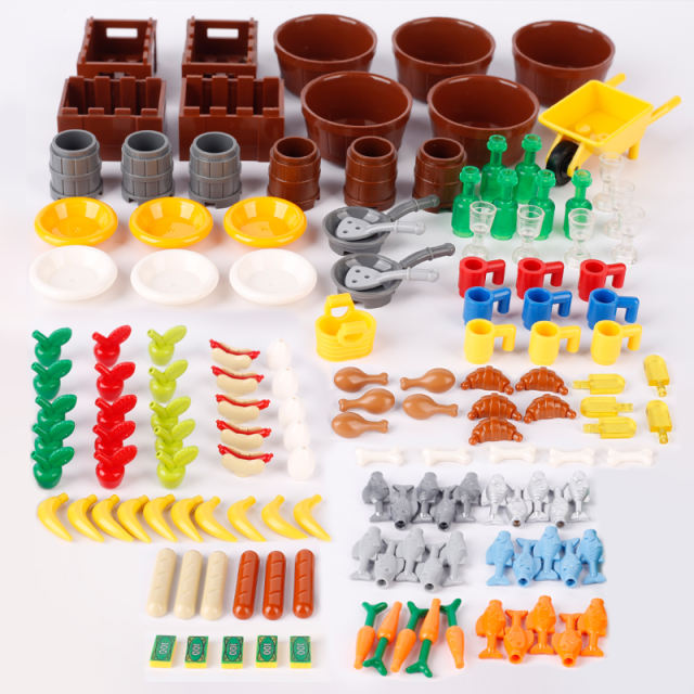 144 PCS MOC City Series Fruit Food Fish Building Blocks Figures Accessories Bread Bottle Sausage Apple Bricks Toys Gift Children