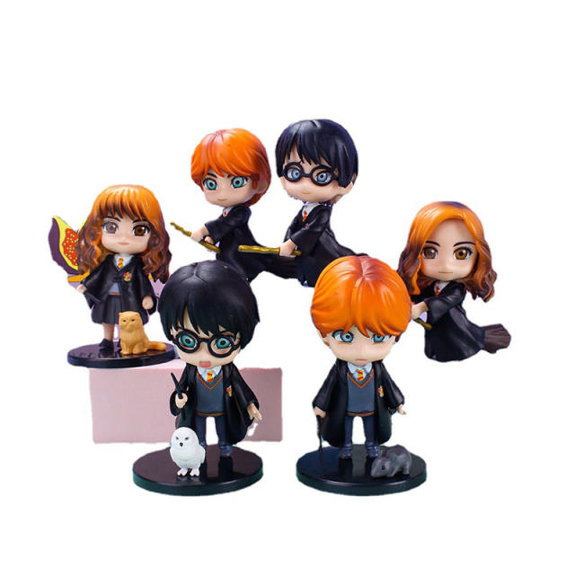 6PCS Harry Potter Hermione Granger Ron Weasley Character Action Figure Animal Accessory Magic Academy Wand Cloak Decorations Toy