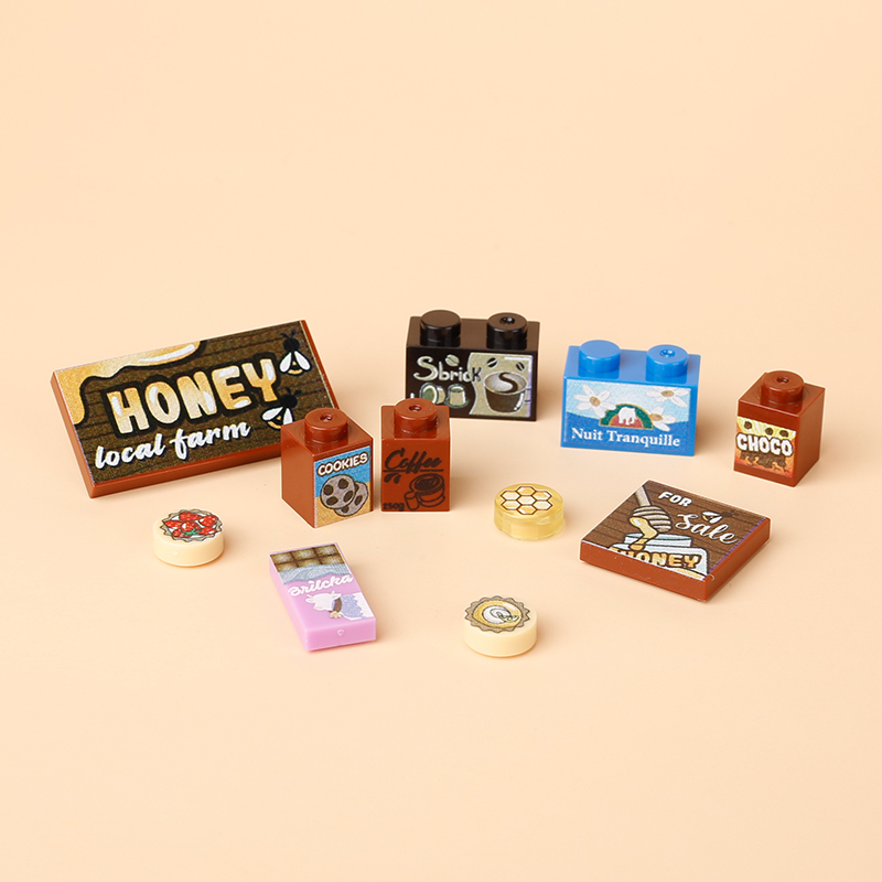 Beverage Set Series Printed Building Blocks Coffee Chocolate Honey Cookies Bee Strawberry Cake Sweet City Street Shop Toys Gifts