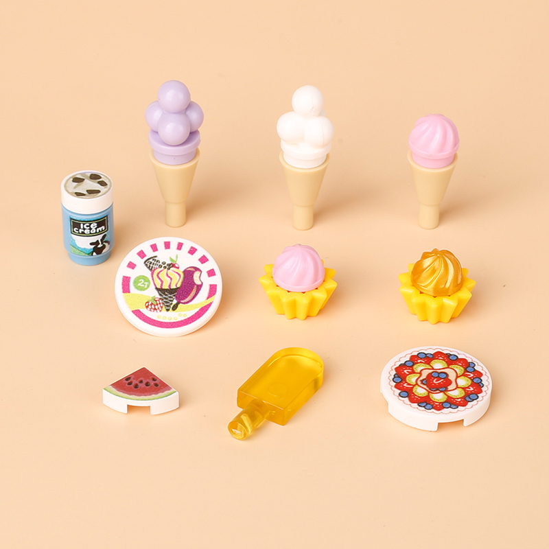 MOC Ice Cream Series Building Blocks Dessert Popsicle Watermelon Strawberry Blueberry Cone Cake Accessories Decoration Toys Gift