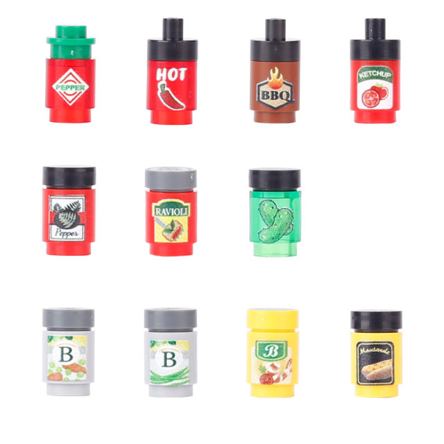MOC Seasoning Series Printed Building Blocks Hot Sauce Chili Pepper BBQ Ketchup Cheese Cucumber Beaf Bottle Can Accessories Toys