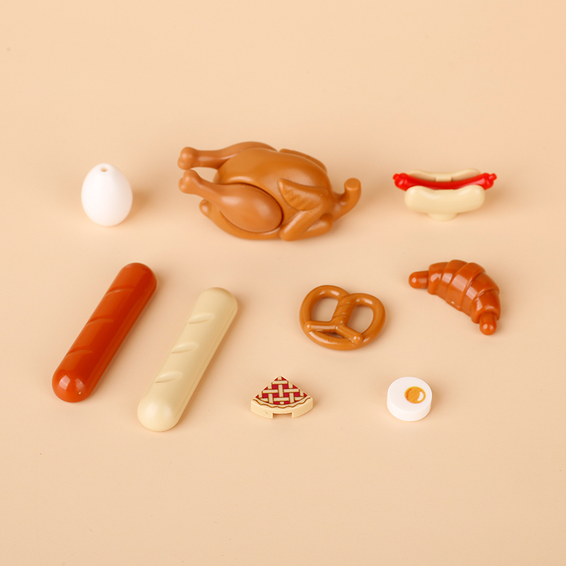 Table Food Set Series Building Blocks City Breakfast Lunch Dinner Egg Roast Duck Sausage Pizza Bread Chicken Model Children Toys