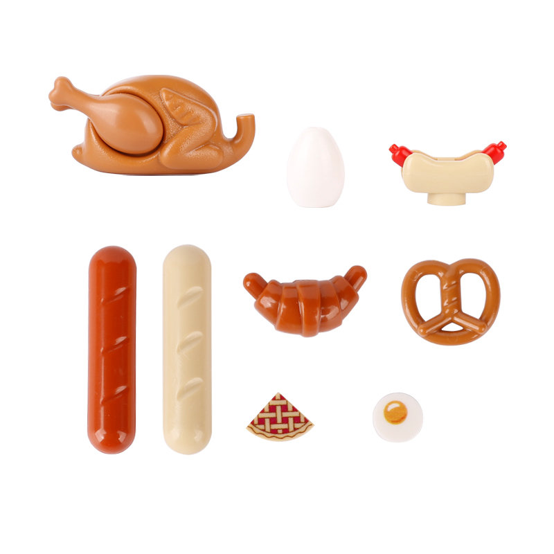 Table Food Set Series Building Blocks City Breakfast Lunch Dinner Egg Roast Duck Sausage Pizza Bread Chicken Model Children Toys