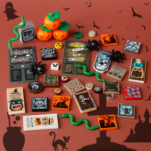 MOC Cemetery Halloween Tombstone Vampire Web Printed Building Blocks Ghost Pumpkin Christmas Gingerbread Santa Claus Bricks Toys