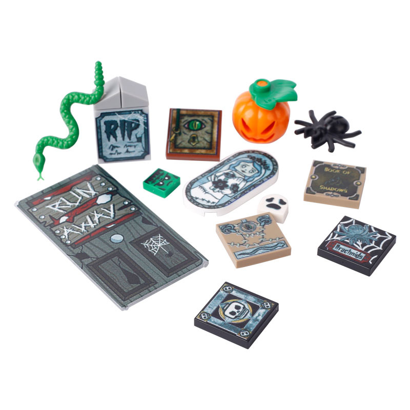 MOC Cemetery Halloween Tombstone Vampire Web Printed Building Blocks Ghost Pumpkin Christmas Gingerbread Santa Claus Bricks Toys