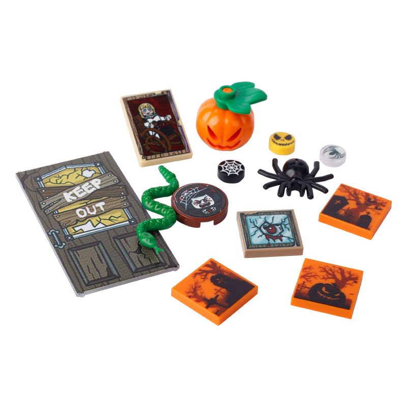 MOC Cemetery Halloween Tombstone Vampire Web Printed Building Blocks Ghost Pumpkin Christmas Gingerbread Santa Claus Bricks Toys