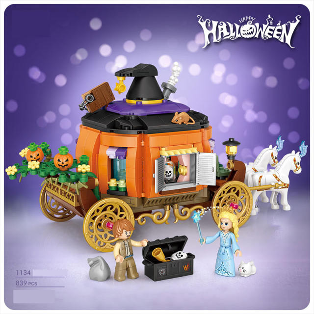 City Series Halloween Pumpkin Carriage Minifigs Building Blocks Accessories Witch Festival Princess Skull HorseToys Gifts Boys