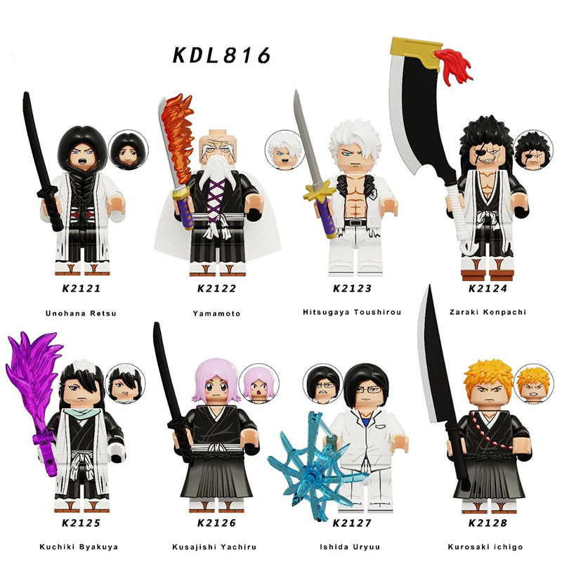 KDL816 Japanese Anime Bleach Series Minifigs Building Blocks Jump Comics Kurosaki Ichigo Kuchiki Rukia Character Weapon Toys Boy