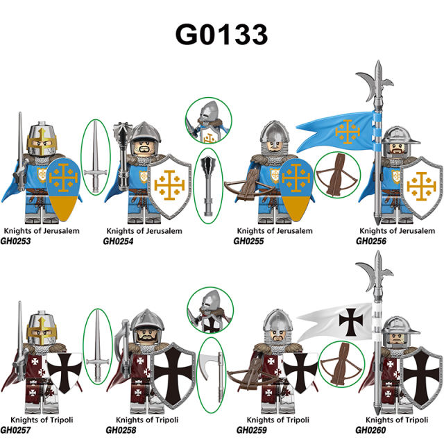 G0133 Medieval Soldiers Military Minifigs Building Blocks Jerysalem Knight Battle Weapon Helmet Shield Toys Gifts GH0261 GH0262