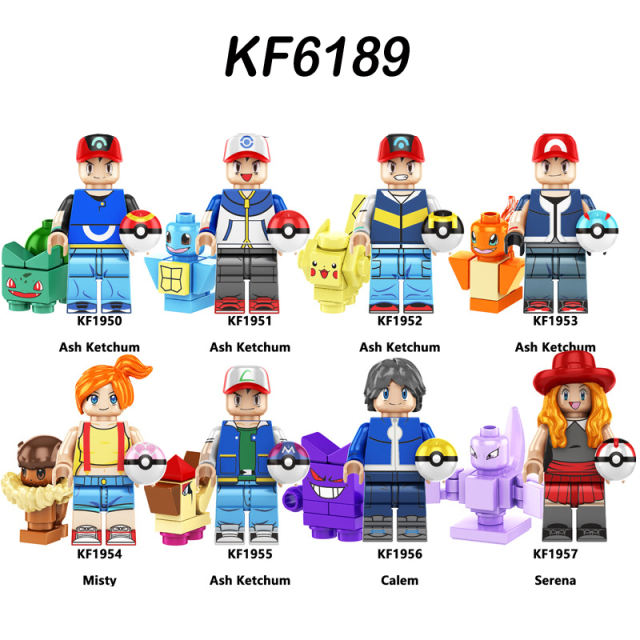 KF6189 Cartoon Pikachu Pocket Elf Pets Misty Action Figures Ash Ketchum Calem Serena Minifigs Building Blocks Toys Children Gifts