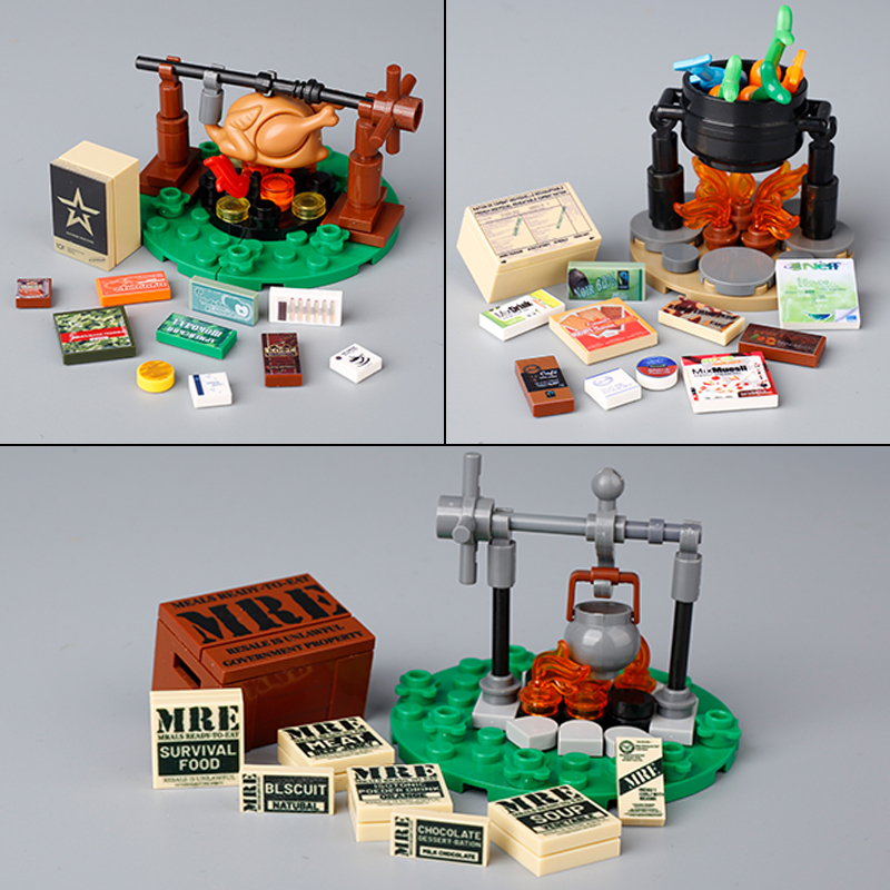 MOC WW2 US Military Rations Food Bonfire Building Blocks Russian Soldiers France Army Figures Accessories Bricks Assemble Toys