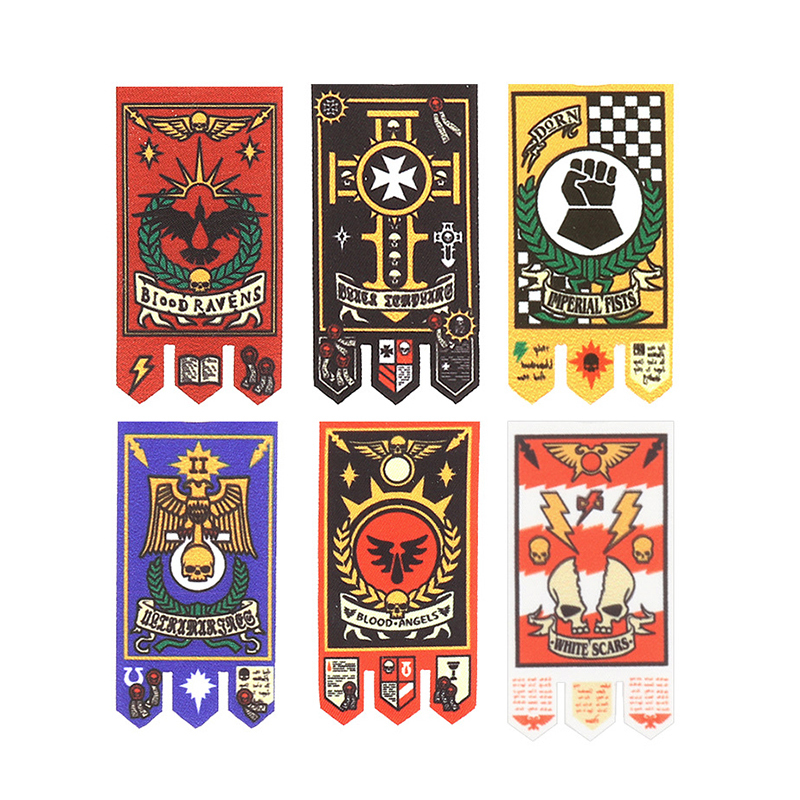 British Game Warhammer Blood Angels Minifigs Warrior Bow Sword Flag Accessories Building Blocks Helmet Children Toys Gift Boy