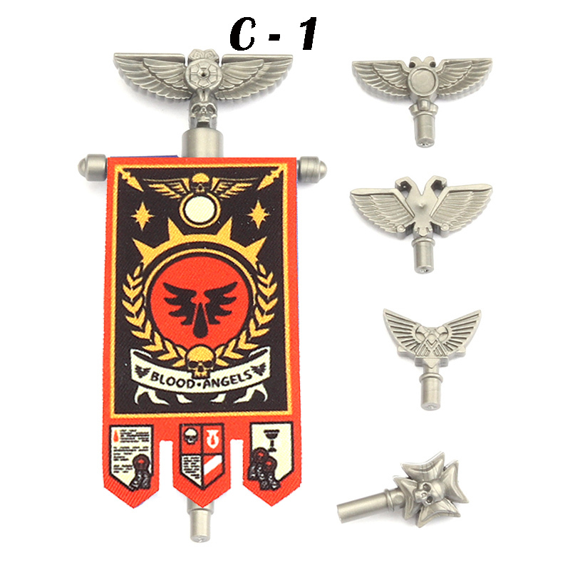 British Game Warhammer Blood Angels Minifigs Warrior Bow Sword Flag Accessories Building Blocks Helmet Children Toys Gift Boy