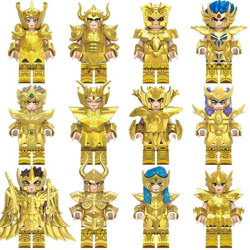 CQ011-022 Japanese Anime Saint Seiya Minifigs Building Blocks Aries Aquarius Leo Sagittarius Scorpio Armor Helmet Weapon Toys Gifts