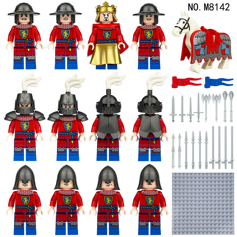 Medieval War Castle Knights European Soldiers Building Blocks Golden Crowned Blue Lion Army Weapons Duke Sword Toy Boy Children Gifts