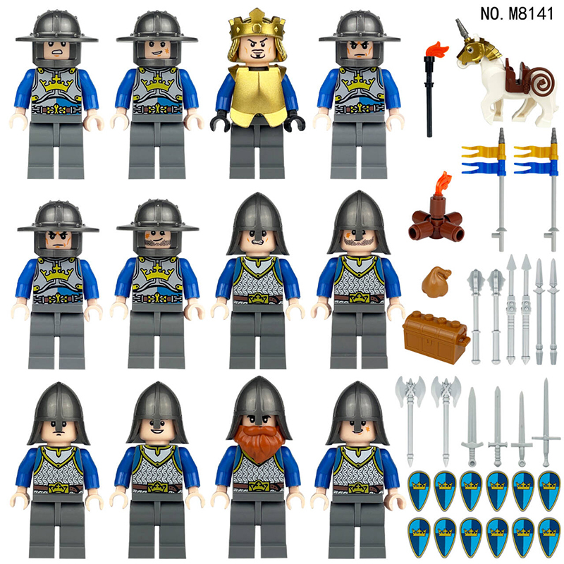 Medieval War Castle Knights European Soldiers Building Blocks Golden Crowned Blue Lion Army Weapons Duke Sword Toy Boy Children Gifts