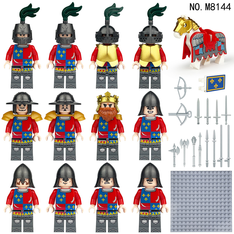 Medieval War Castle Knights European Soldiers Building Blocks Golden Crowned Blue Lion Army Weapons Duke Sword Toy Boy Children Gifts
