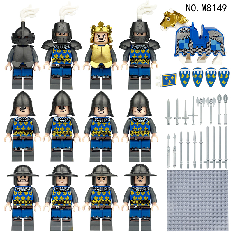 Medieval War Castle Knights European Soldiers Building Blocks Golden Crowned Blue Lion Army Weapons Duke Sword Toy Boy Children Gifts