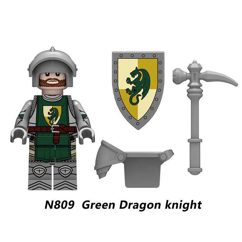 N809-812 Medieval Green Dragon Knight Army Minifigs Building Blocks Weapon Soldiers Wolfpack Warrier Shield Horse Children Toys Gifts