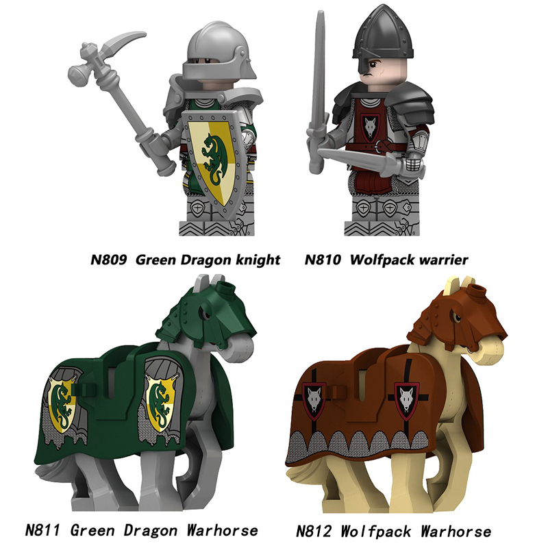 N809-812 Medieval Green Dragon Knight Army Minifigs Building Blocks Weapon Soldiers Wolfpack Warrier Shield Horse Children Toys Gifts