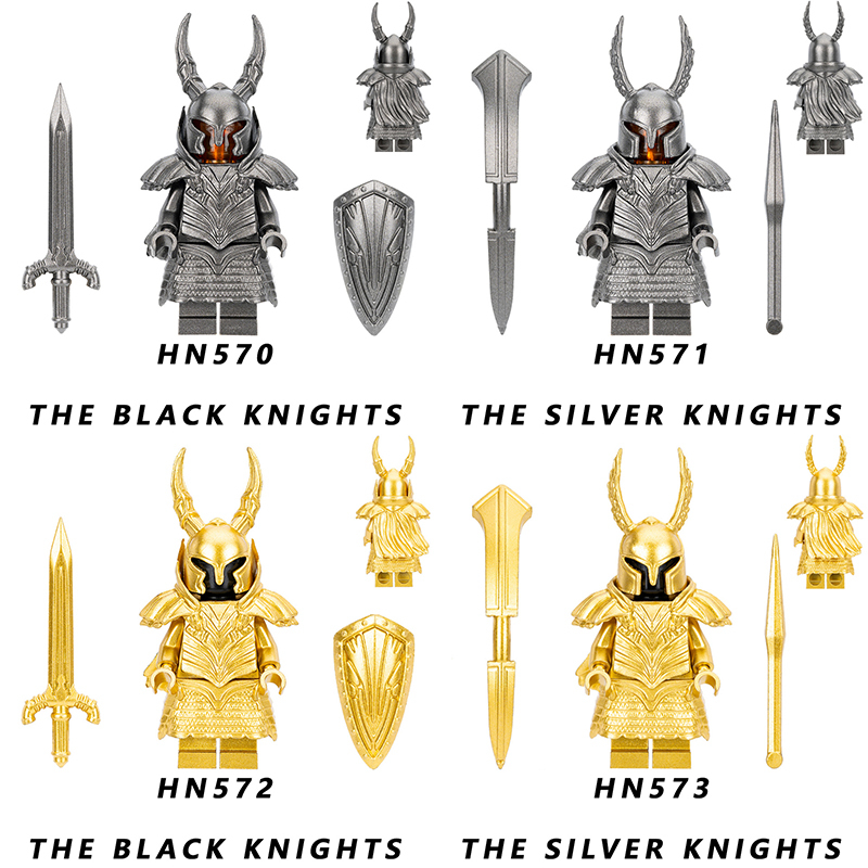 HN570-573 Ancient Heavily Armored Soldiers Black Silver Knight Military Accessories Armor Shield Helmet Assembled Bricks Boy Toy