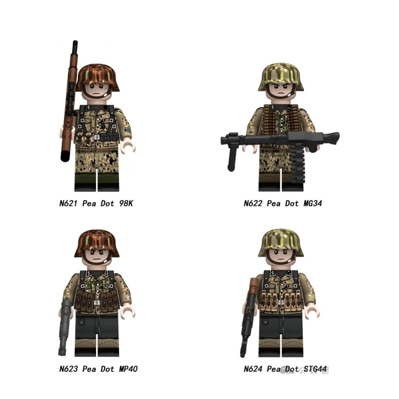 N621-624 Military WW2 German soldiers Action Figures Pea Camouflage  Army 98K STG44 Building Blocks Weapons Gun Toys Boys