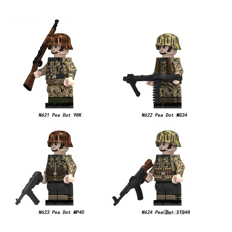 N621-624 Military WW2 German soldiers Action Figures Pea Camouflage  Army 98K STG44 Building Blocks Weapons Gun Toys Boys