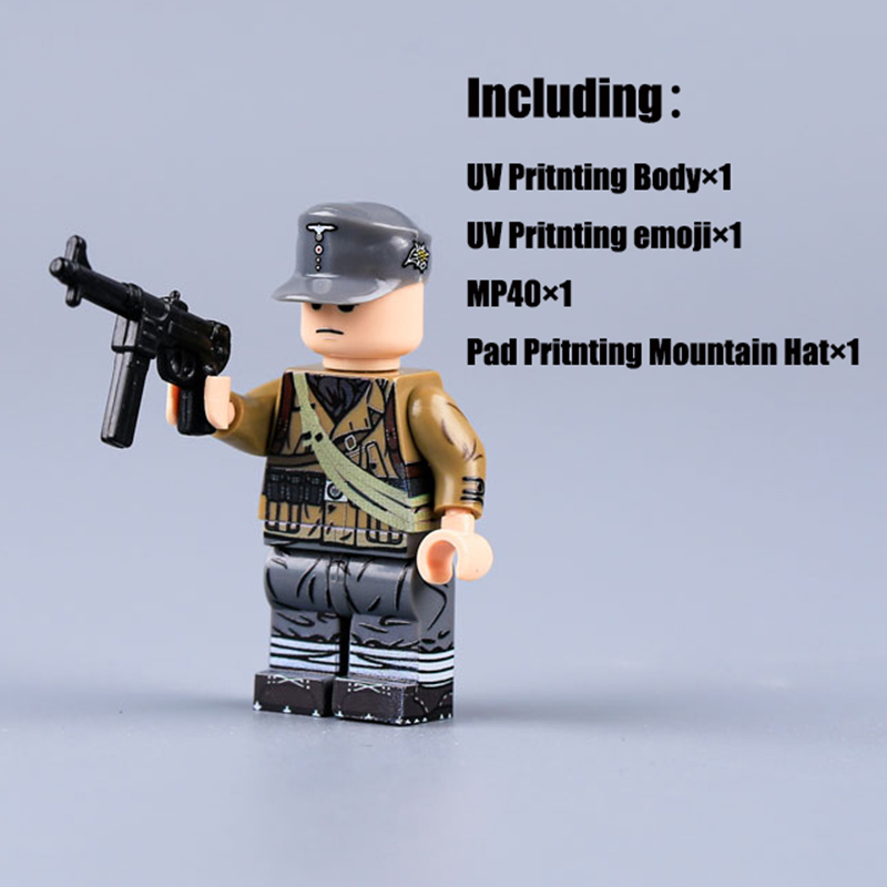 WW2 German Defense Force Minifigs Building Blocks UV Printing Mountain Infantry Division Army Weapon Soldier Figures Parts Bricks Toys