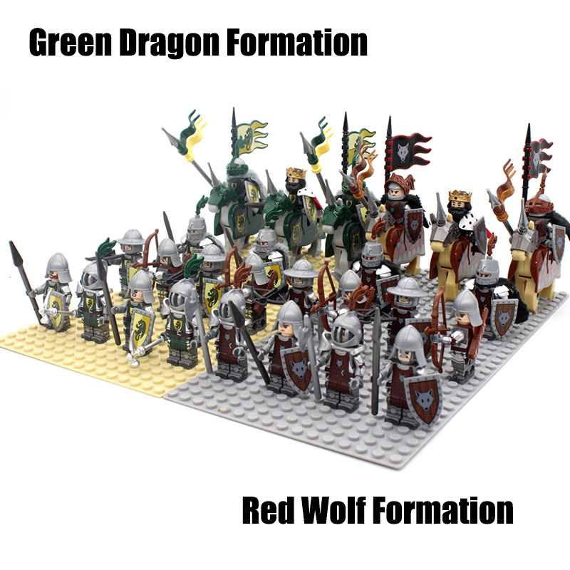 MOC Medieval Green Dragon Knight Army Minifigs Building Blocks Weapon Soldiers Wolfpack Warrier Shield Horse Children Toys Gifts