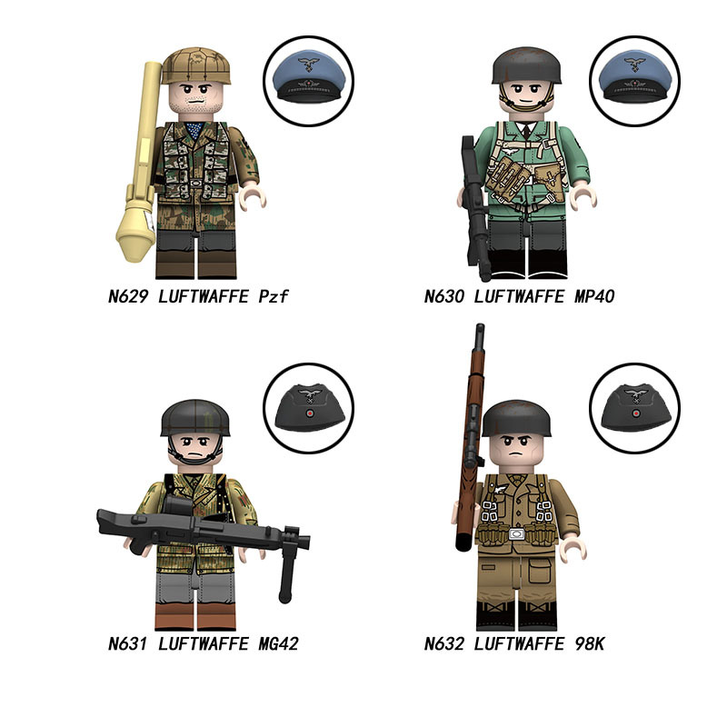 N629-632 Military WW2 German soldiers Action Figures Paratrooper Luftwaffe MP40 98K Building Blocks Weapons Gun Toys Boys