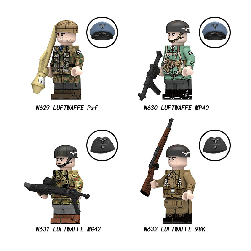 N629-632 Military WW2 German soldiers Action Figures Paratrooper Luftwaffe MP40 98K Building Blocks Weapons Gun Toys Boys