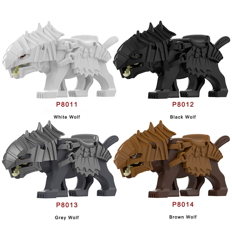 P8011-8012 Lord Of The Rings Black Wolf Minifigs Building Blocks Animal Mount Weapon Helmet Gun Monster Army Compatible Toys Boys