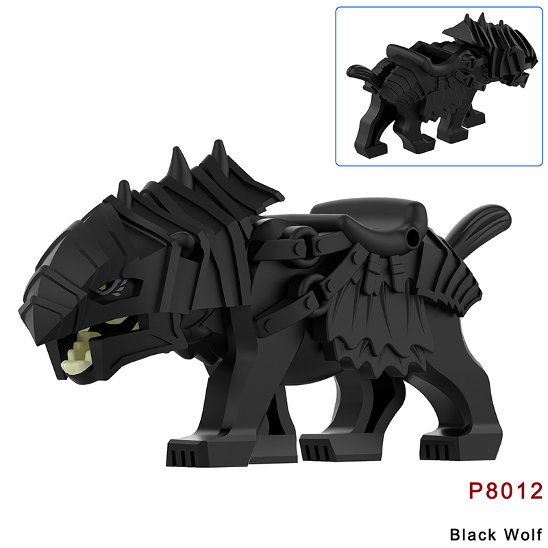 P8011-8012 Lord Of The Rings Black Wolf Minifigs Building Blocks Animal Mount Weapon Helmet Gun Monster Army Compatible Toys Boys