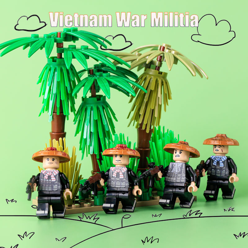 WW2 Vietnam War Militia Minifigs Building Blocks UV Printing Second Indochina War Army Weapon Soldier Figures Parts Bricks Toys