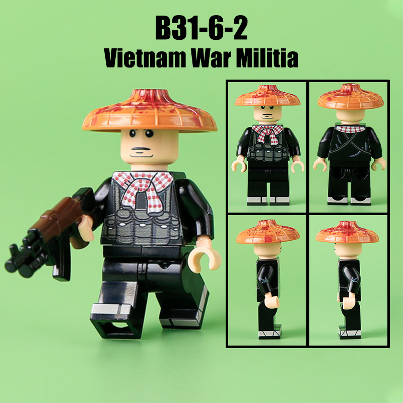 WW2 Vietnam War Militia Minifigs Building Blocks UV Printing Second Indochina War Army Weapon Soldier Figures Parts Bricks Toys