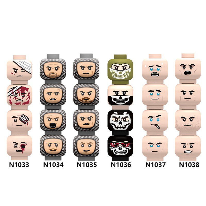 N1033-1036 MOC Figures Accessories Head Building Blocks Soldier Injured Expression Doctor City Hero Head Parts Mini Bricks Toys Kids Gifts