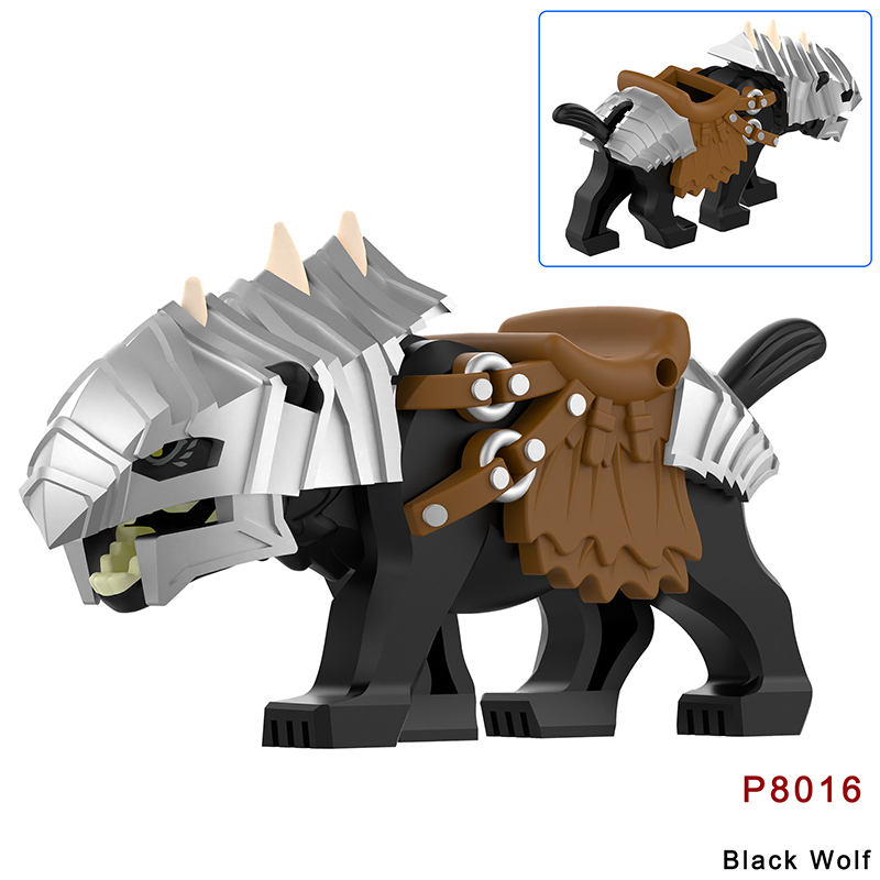 P8011-8012 Lord Of The Rings Black Wolf Minifigs Building Blocks Animal Mount Weapon Helmet Gun Monster Army Compatible Toys Boys